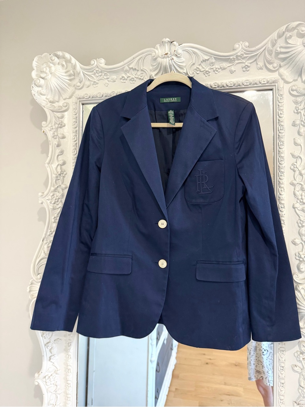 Ralph Lauren Women’s Tonal Embroidered Monogram Logo Navy Blue Blazer - Picture 2 of 5